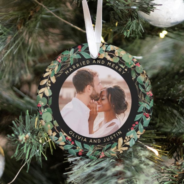 Gilded Greenery Black Married and Merry Two Photo Ornament (Creator Uploaded)