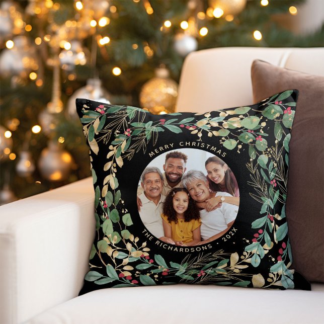 Gilded Greenery Black | Merry Christmas with Photo Cushion (An elegant, modern pillow for the holidays with faux gold accents and your family photo)