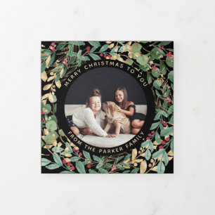 Gilded Greenery Black   Multi Photo Christmas Tri-Fold Holiday Card