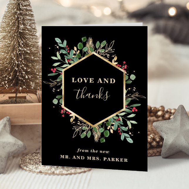 Gilded Greenery Black | Photo Christmas Wedding Thank You Card (An elegant thank you card for your Christmas wedding)