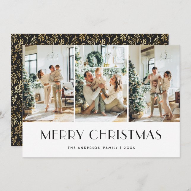Gilded Greenery Black Photo Merry Christmas Card (Front/Back)