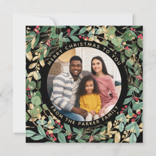 Gilded Greenery Black   Wreath and Photo Christmas Holiday Card