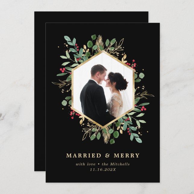 Gilded Greenery Geometric Married and Merry Photo Holiday Card (Front/Back)