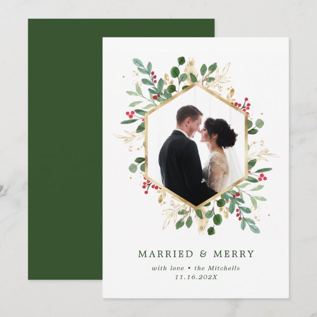 Gilded Greenery Geometric Married and Merry Photo Holiday Card (Front/Back)