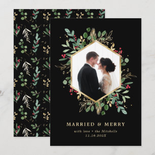 Gilded Greenery Geometric Married and Merry Photo Holiday Card