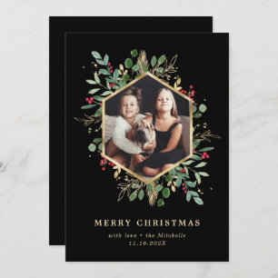 Gilded Greenery Geometric on Black Christmas Photo Holiday Card