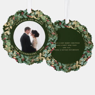 Gilded Greenery Green Married and Merry Photo Tree Decoration Card