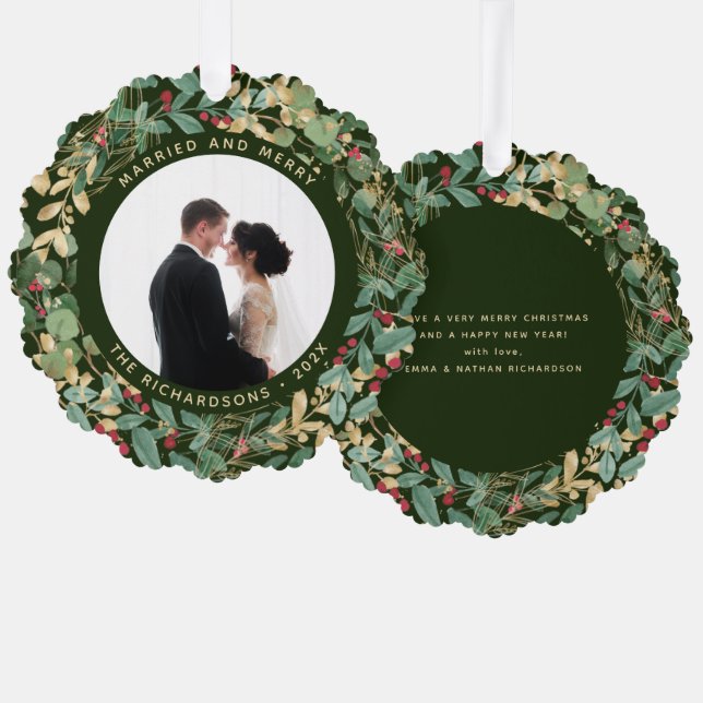 Gilded Greenery Green | Married and Merry Photo Tree Decoration Card (Front/Back)