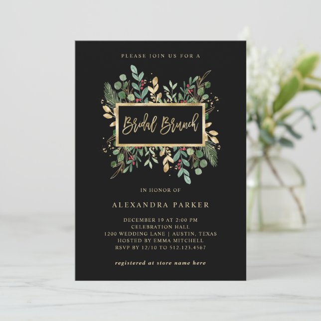 Gilded Greenery on Black | Christmas Bridal Brunch Invitation (Standing Front)