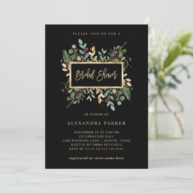 Gilded Greenery on Black | Christmas Bridal Shower Invitation (Standing Front)