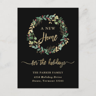 Gilded Greenery on Black   Christmas New Home Holiday Postcard