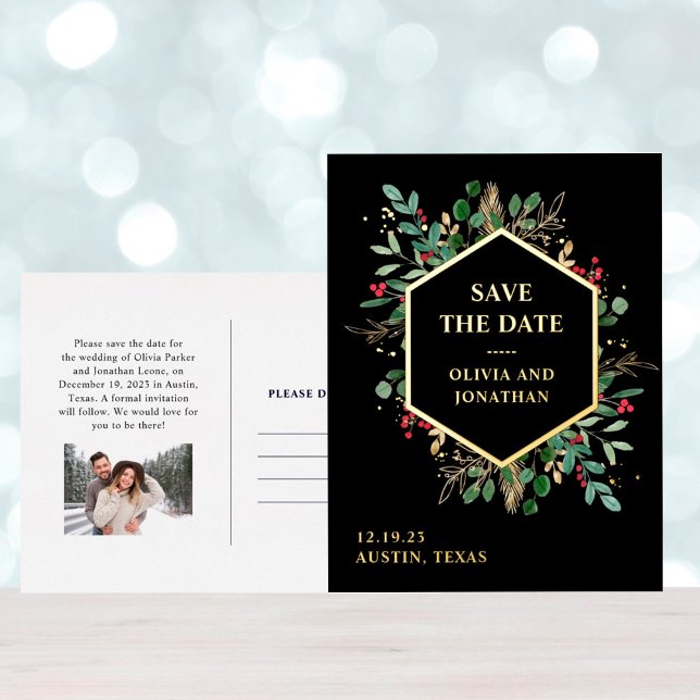Gilded Greenery on Black | Christmas Save the Date Foil Invitation Postcard (Creator Uploaded)