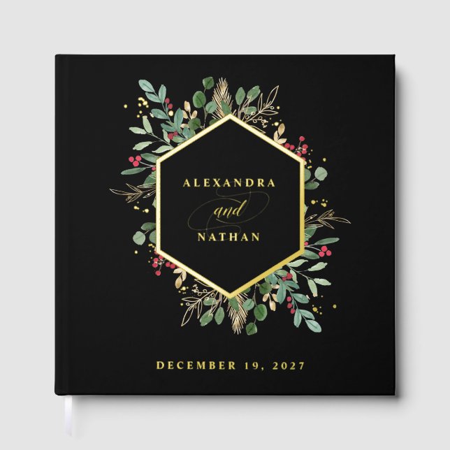 Gilded Greenery on Black | Christmas Wedding Gold Guest Book (Front)