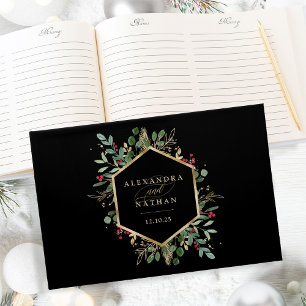Gilded Greenery on Black Christmas Wedding Guest Book