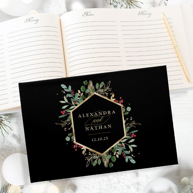 Gilded Greenery on Black | Christmas Wedding Guest Book (A beautiful, glamorous guest book, perfect for your elegant holiday winter wedding)