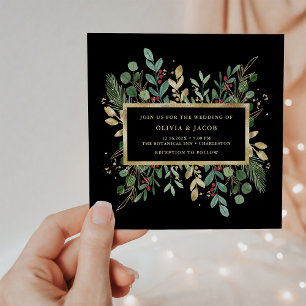 Gilded Greenery on Black Christmas Wedding Invitation