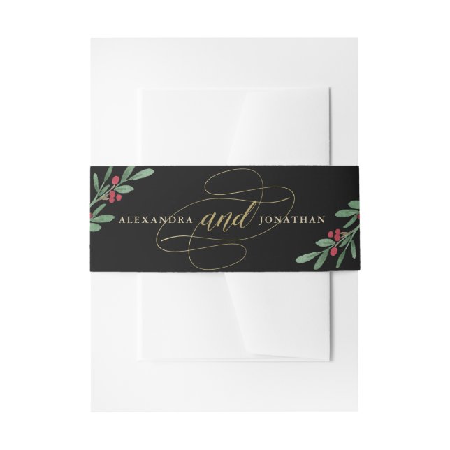 Gilded Greenery on Black | Christmas Wedding Invitation Belly Band (Front Example)