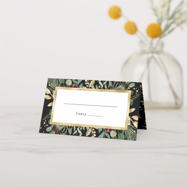 Gilded Greenery on Black | Christmas Wedding Place Card (Front)