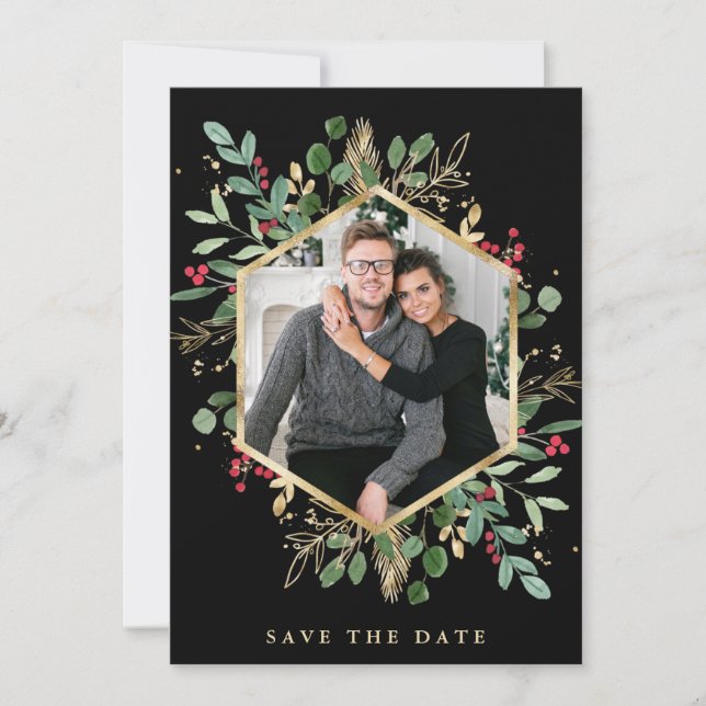 Gilded Greenery on Black | Geometric Photo Holiday Save The Date (Front)