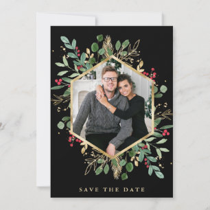 Gilded Greenery on Black   Geometric Photo Holiday Save The Date