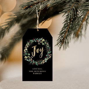 Gilded Greenery on Black   Joy Gift Tags