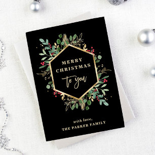 Gilded Greenery on Black Merry Christmas Holiday Card