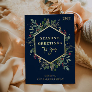 Gilded Greenery on Navy Blue   Seasons Greetings Foil Holiday Card