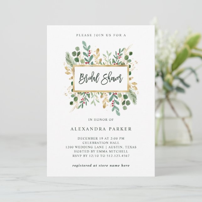 Gilded Greenery on White | Christmas Bridal Shower Invitation (Standing Front)