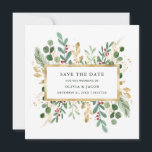 Gilded Greenery on White | Christmas Holiday Photo Save The Date<br><div class="desc">This stunning Christmas wedding save the date features holiday greenery and leaves with faux gold leaves and red holly berries,  and a centre gold frame on a modern white background. Your personal photo goes on the back,  surrounded by another gold geometric frame with winter greenery.</div>