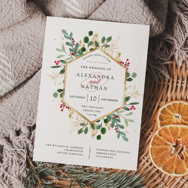 Gilded Greenery on White | Christmas Wedding Invitation (Creator Uploaded)