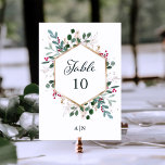 Gilded Greenery on White | Christmas Wedding Table Number<br><div class="desc">These gorgeous holiday wedding table numbers feature a faux gold geometric frame with matching gold leaves,  Christmas greenery,  and red holly berries on a crisp white background. Perfect for your elegant winter wedding.</div>