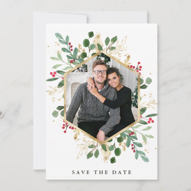 Gilded Greenery on White | Geometric Photo Holiday Save The Date (Front)