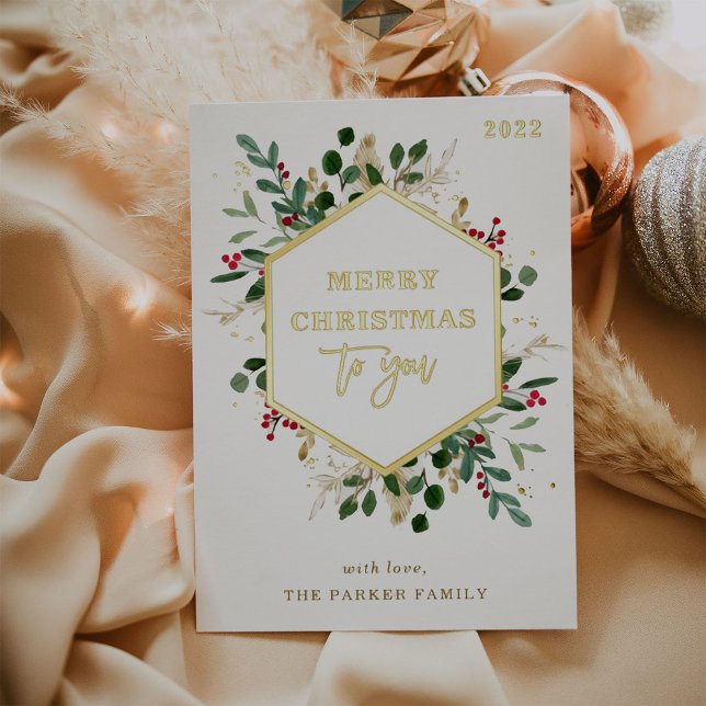 Gilded Greenery on White | Merry Christmas Foil Holiday Card (Creator Uploaded)
