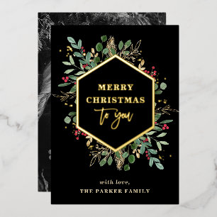 Gilded Greenery Photo Back   Merry Christmas Gold Foil Holiday Card