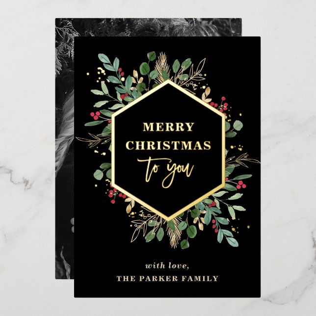 Gilded Greenery Photo Back | Merry Christmas Gold Foil Holiday Card (Front/Back)