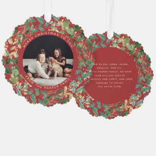 Gilded Greenery Red   Family Photo Christmas Tree Decoration Card
