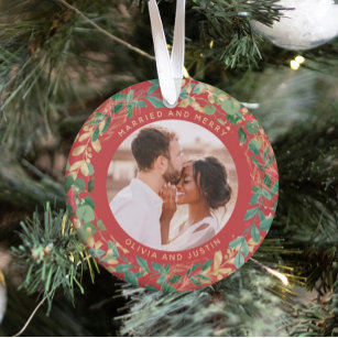 Gilded Greenery Red   Married and Merry Two Photo Ornament