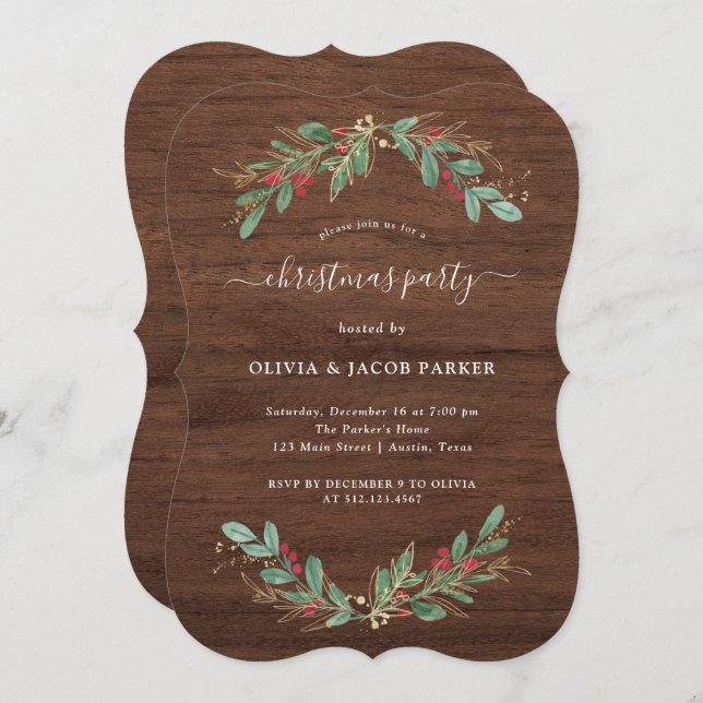 Gilded Greenery Rustic Christmas or Holiday Party Invitation (Front/Back)