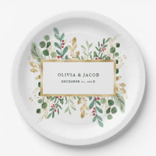 Gilded Greenery White Christmas Holiday Paper Plate