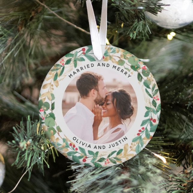 Gilded Greenery White Married and Merry Two Photo Ornament (Creator Uploaded)