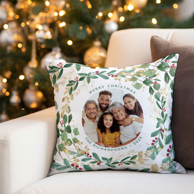 Gilded Greenery White | Merry Christmas with Photo Cushion (An elegant, modern pillow for the holidays with faux gold accents and your family photo)