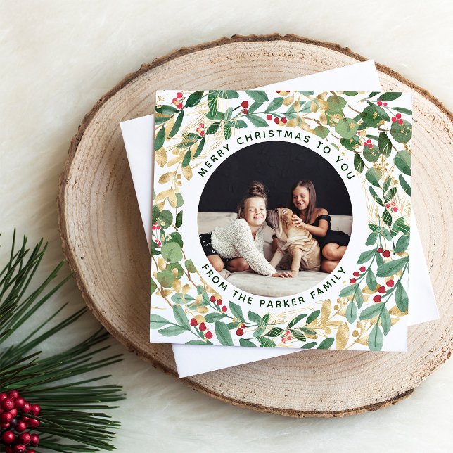 Gilded Greenery White | Multi Photo Christmas Tri-Fold Holiday Card (Creator Uploaded)