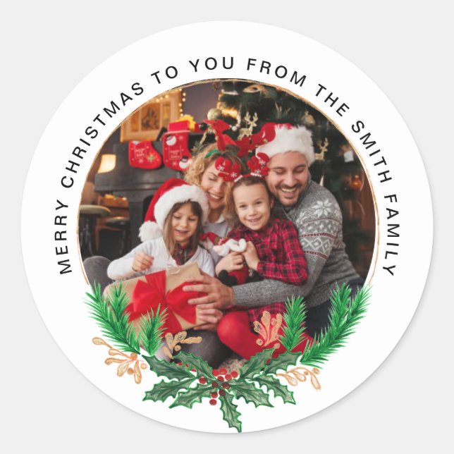 Gilded Greenery White | Wreath and Photo Christmas Classic Round Sticker (Front)