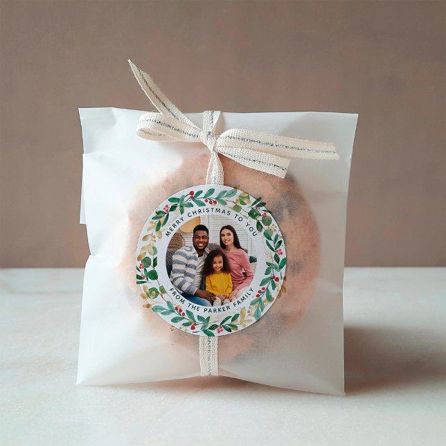 Gilded Greenery White | Wreath and Photo Christmas Classic Round Sticker (Creator Uploaded)