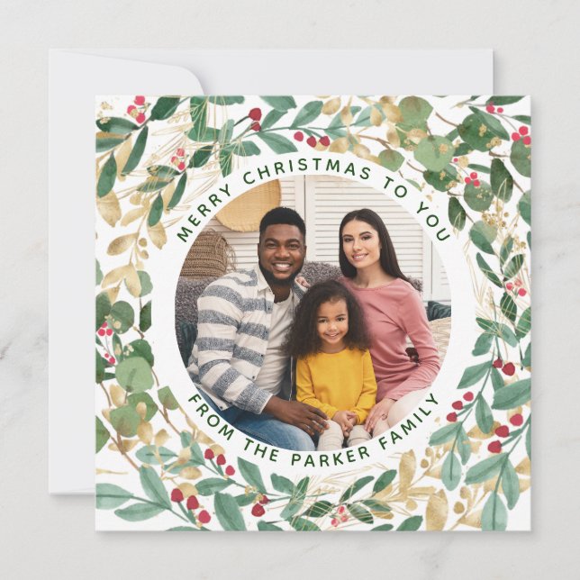 Gilded Greenery White | Wreath and Photo Christmas Holiday Card (Front)