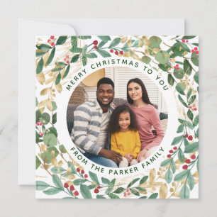 Gilded Greenery White   Wreath and Photo Christmas Holiday Card