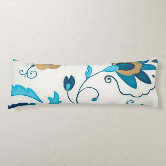 Gilded Indigo Flowers with White Background Body Cushion (Front)