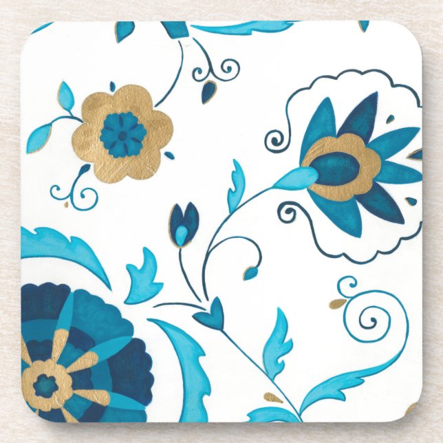 Gilded Indigo Flowers with White Background Coaster (Front)