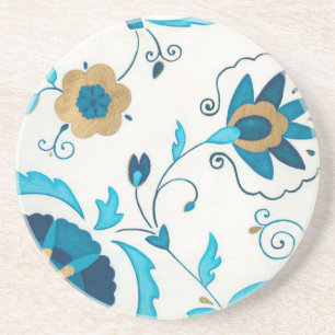 Gilded Indigo Flowers with White Background Coaster