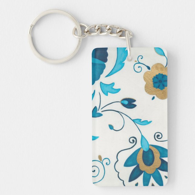 Gilded Indigo Flowers with White Background Key Ring (Front)